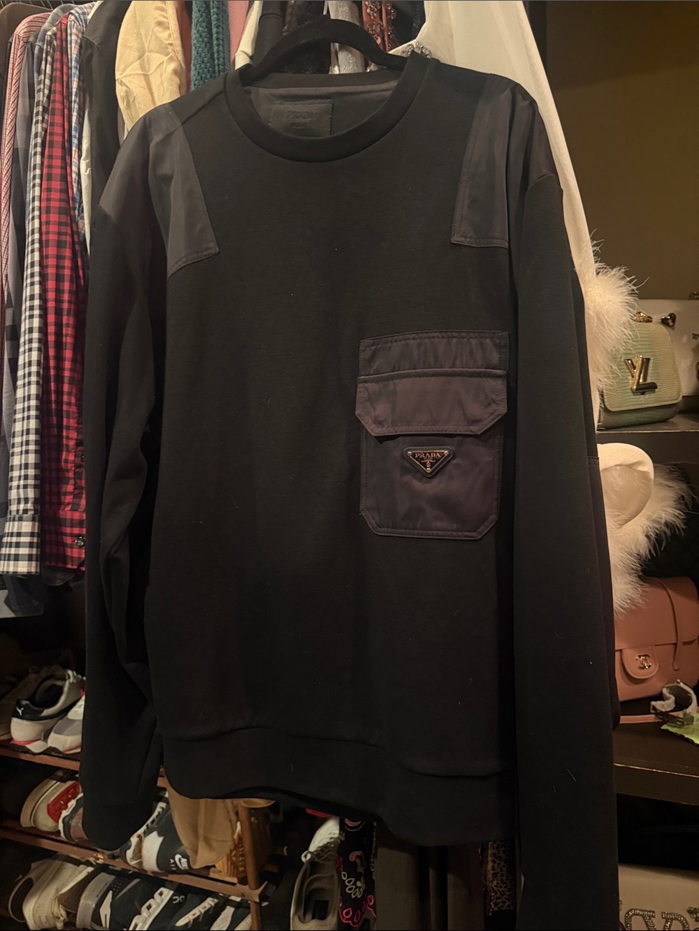 Prada Black Men's Crewneck Sweater with Front Pocket